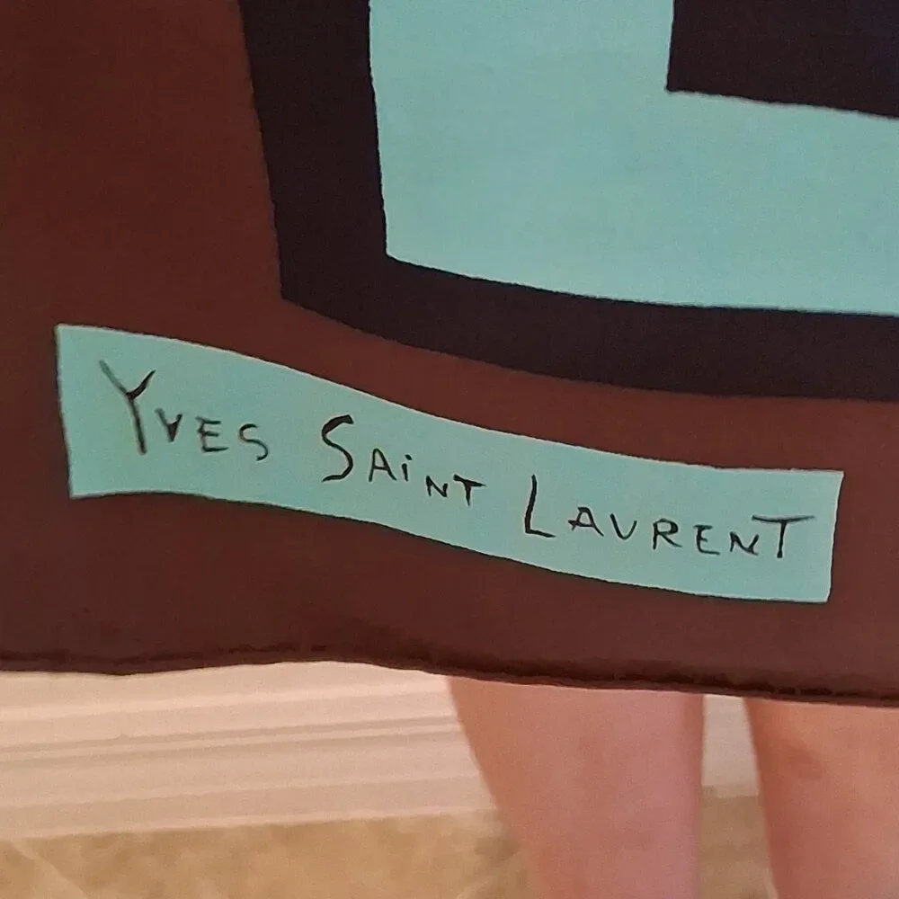 Yves Saint Laurent Brown & Turquoise Geometric Square 100% Silk Scarf - Picture 6 of 6